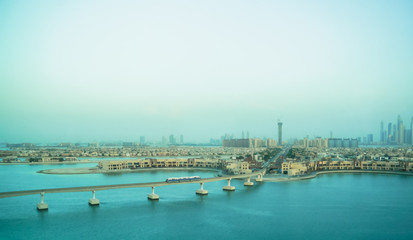 Views of the Dubai coast with monorail and train. Dubai. September 2018