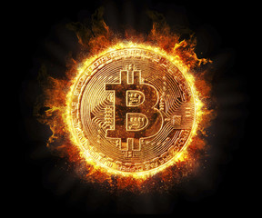 Burning bitcoin isolated on black background
