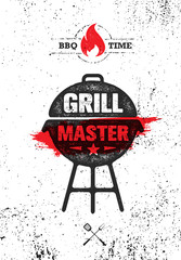 Grill Master Meat On Fire Barbecue Menu Vector Design Element. Outdoor Food Meal Creative Rough Sign - obrazy, fototapety, plakaty