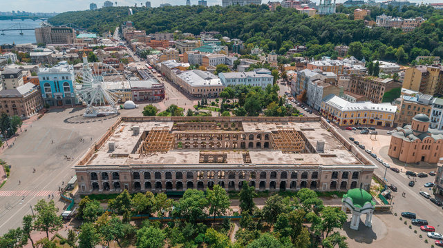 Aerial view of an abandoned building. Guest house. Trees. Contract Square. Kiev (Kyiv). Ukraine.