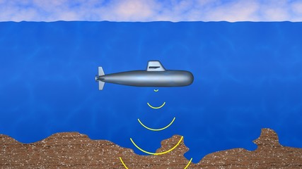 Submarine sending sonar signals into deep sea bed, ocean floor. 3d rendering - obrazy, fototapety, plakaty