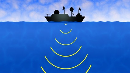 Ship on sea emitting sonar signals into ocean. 3d rendering - obrazy, fototapety, plakaty
