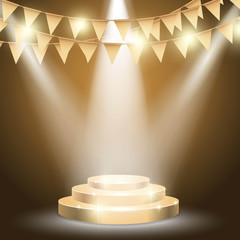 Gold podium with brightly spotlight on celebration background. Vector illustration
