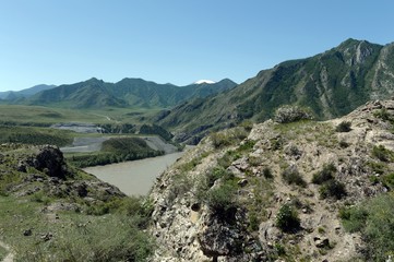  Place of the confluence of the rivers Katun and Chuya in Altai mountains. Siberia, Russia