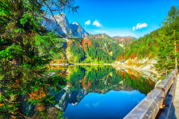 Beautiful view of idyllic colorful autumn scenery in Gosausee lake Austria