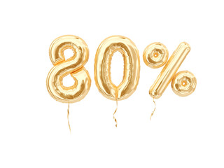 80 % sale banner golden flying foil balloons on white. 3d rendering.