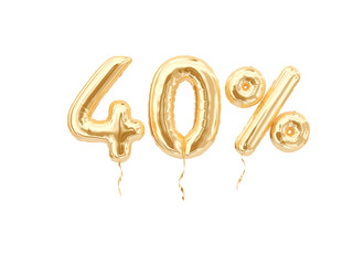 40 % sale banner golden flying foil balloons on white. 3d rendering. - obrazy, fototapety, plakaty