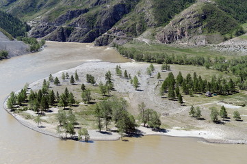  Place of the confluence of the rivers Katun and Chuya in Altai mountains. Siberia, Russia