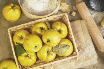 A lot of apple quince  with kitchenware,  preparing for quince pie on sackcloth rustic background. top view.