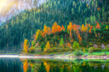 Beautiful view of idyllic colorful autumn scenery in Gosausee lake Austria