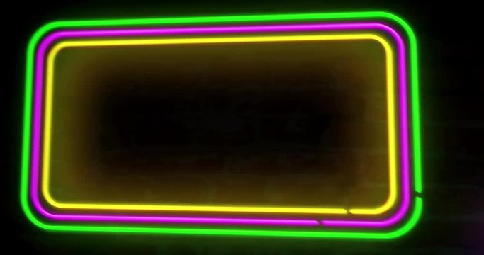 Neon background light frames loopable animation 4K. 3D flight over electric rectangles and stars on brick wall concept. Retro style textless looping and seamless motion background.