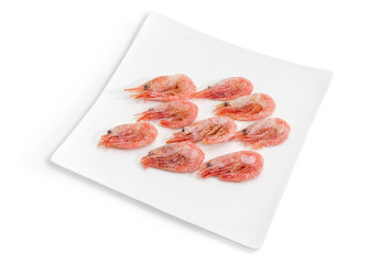 Frozen shrimps on square dish on a white background
