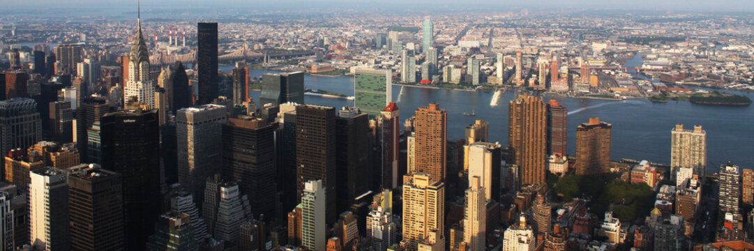 Banner of New York cityscape with hirh rise buildings. Concept of american blog header and chep tour to US, travel agency and green card.