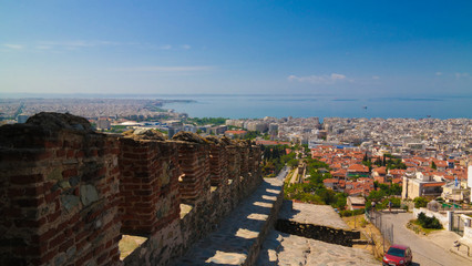 View to ancient wall and Trigoniu tower in Thessaloniki, Greece