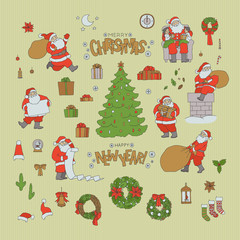 Christmas set Santa Claus holiday symbols. Vector new year character and gift socks, box with ribbons. Greeting lettering and other isolated decorations for design card and packaging.
