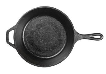 Empty, clean black cast iron pan or dutch oven top view from above over white