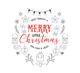 Scandinavian style, simple and stylish Merry Christmas greeting card with hand drawn elements, quotes, lettering