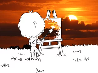 Fototapeten Jongen zonsondergang aan het schilderen  © emieldelange