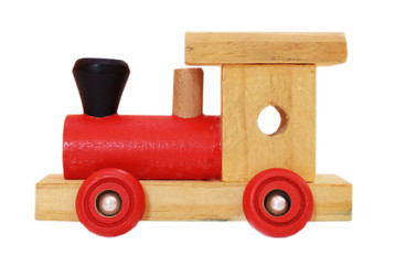 A toy steam locomotive. White isolate.