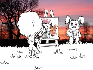 Fotobehang Jongen is een konijn aan het schilderen  © emieldelange