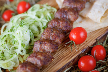 Pieces of roasted kebab meat on pita bread