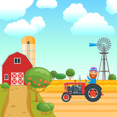 Cartoon concept on a agricultural theme. Rural scene with people and fruit trees. A man riding a tractor in the background of a wheat field. Vector illustration