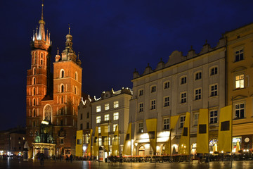The historic Rynek Glowny square in old town Krakow at night
