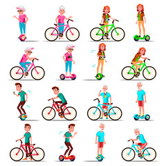 People Riding Hoverboard, Bicycle Vector. City Bike. Outdoor Sport Activity. Gyro Scooter. Activity. Two-Wheel Electric Self-Balancing Scooter. Eco Friendly. Isolated Illustration