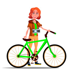 Teen Girl With Bicycle Vector. City Bike. Outdoor Sport Activity. Eco Friendly. Isolated Illustration
