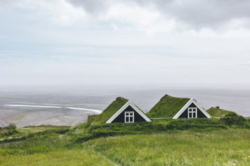 scenic view of Black farmhouses in Skaftafell National Park in Iceland