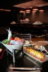 Japanese fresh Sushi Sashimi set with various fish and seafood