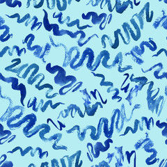 Curly lines abstract seamless  pattern design, hand painted watercolor on blue background