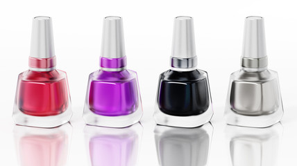 Obraz premium Four bottles of nail polish isolated on white background. 3D illustration