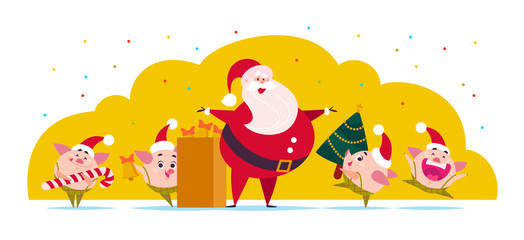 Vector flat Merry Christmas illustration: Santa Claus, cute pig elf with decorated New year fir tree, bells, candy lollipop isolated on white background. Xmas holiday congratulation. Web banner, card.