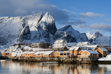Fototapeta na wymiar Traditional wooden Rorbu fishermen`s huts in the village of Sakrisoy on Moskenesoya Island in Lofoten Islands in Norway