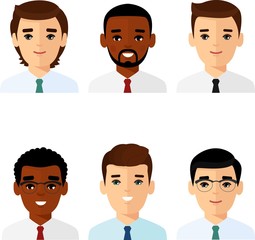 Set of business avatar african american, european peoples in flat colorful style. Collection of various emotion expression avatar man happy, angry, sad, funny.