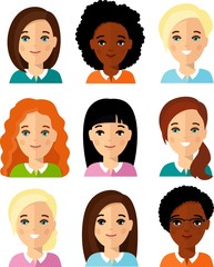 Set of business avatar african american, european peoples in flat colorful style. Different avatars are an African American, European woman manager.