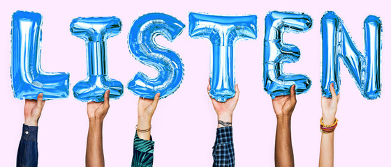 Hands showing listen balloons word