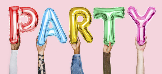 Hands showing party balloons word