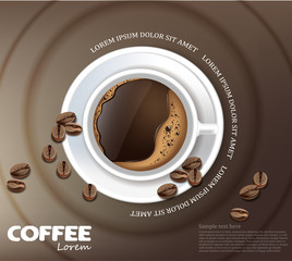Coffee cup card Vector realistic. Product placement mock up. Dark beans, coffee background. top view 3d illustrations