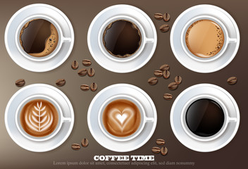 Coffee cup set collection Vector realistic. Product placement mock up. Dark beans, coffee background. top view 3d illustrations