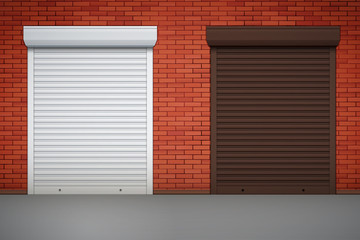 Set of Closed Roller Shutters Gate on red brick wall. Protect System Equipment. White and Brown color. Vector Illustration