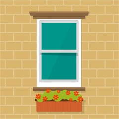 Flat Style Vector Window Illustration With Flowers