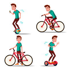 Teen Boy Riding Hoverboard, Bicycle Vector. City Outdoor Sport Activity. Gyro Scooter, Bike. Eco Friendly. Healthy Lifestyle. Isolated Illustration