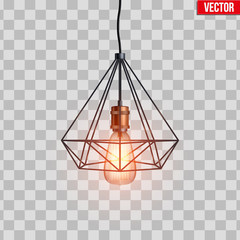 Decorative edison light bulb in Retro design copper wire lampshade. Vintage and antique style. Original Vintage design. Vector Illustration isolated on transparent background