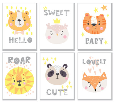 Set of cute card with funny animals face. Vector illustration 