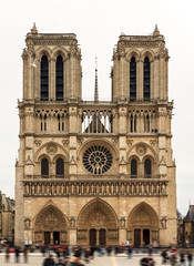Fototapeta na wymiar Front view of the Notre-Dame Cathedral in Paris with a moody sky