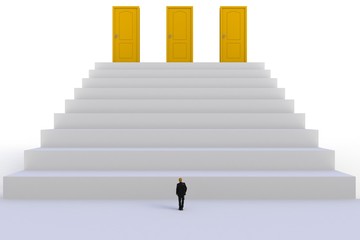 Success concept with businessman, Image of miniature businessman standing in front of yellow door on white wall background, 3D rendering
