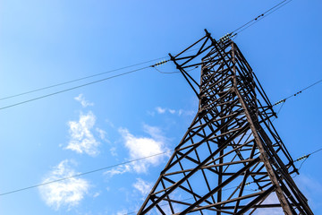 Power line support against blue sky background