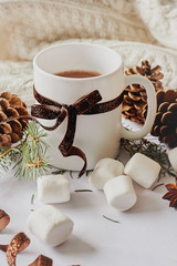 Winter Christmas New Year hot warming drink. Cup of hot chocolate or cocoa with marshmallow, fir cones on white knitted background